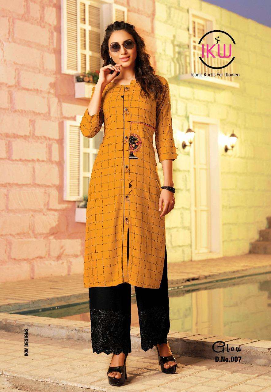 GLOW BY IKW 001 TO 008 SERIES BEAUTIFUL STYLISH FANCY COLORFUL CASUAL WEAR & ETHNIC WEAR & READY TO WEAR HEAVY RAYON WITH WORK KURTIS AT WHOLESALE PRICE