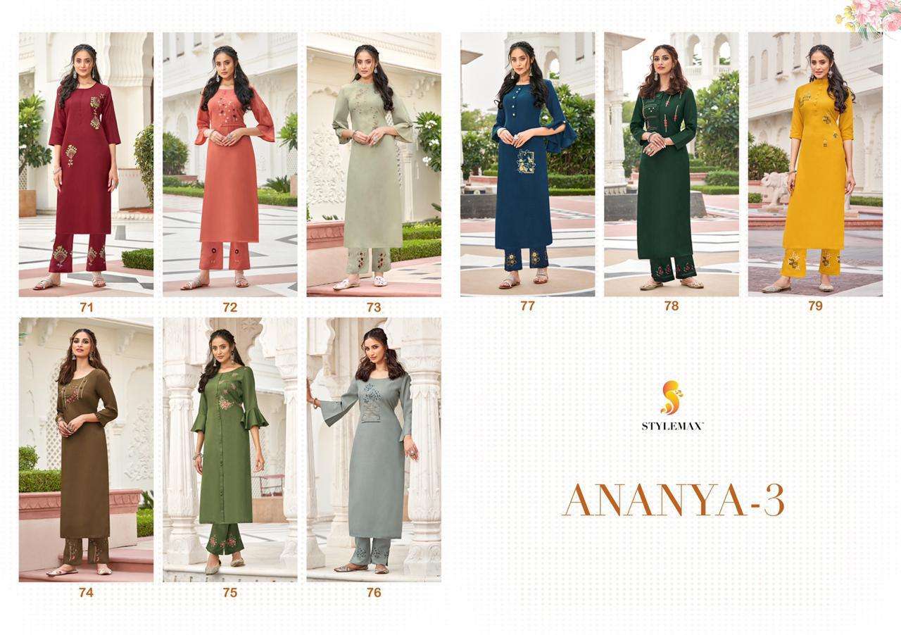 ANANYA VOL-3 BY STYLEMAX 71 TO 79 SERIES STYLISH FANCY BEAUTIFUL COLORFUL CASUAL WEAR & ETHNIC WEAR RUBY SLUB EMBROIDERED KURTIS WITH BOTTOM AT WHOLESALE PRICE