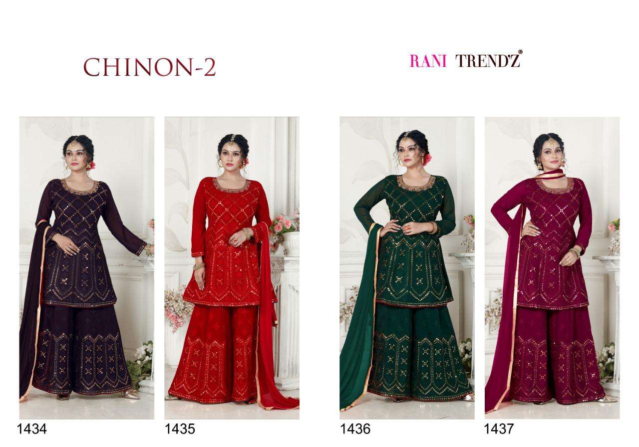 CHINNON VOL-2 BY RANI TRENDZ 1434 TO 1437 SERIES FESTIVE SUITS COLLECTION BEAUTIFUL STYLISH FANCY COLORFUL PARTY WEAR & OCCASIONAL WEAR FAUX GEORGETTE WITH EMBROIDERED DRESSES AT WHOLESALE PRICE