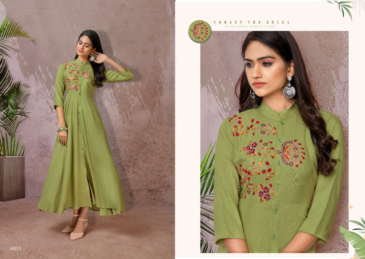Fame Vol-1 By Vardan Designer 6031 To 6034 Series Beautiful Stylish Fancy Colorful Casual Wear & Ethnic Wear & Ready To Wear Rayon Print Gowns At Wholesale Price