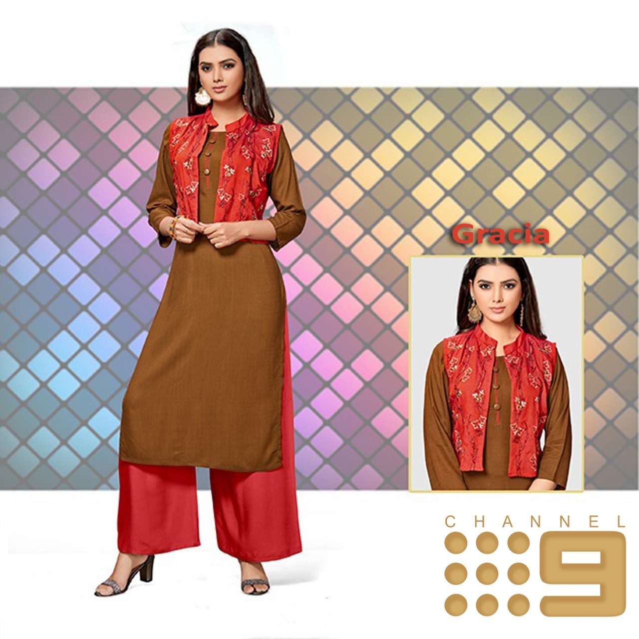 GRACIA BY C9 01 TO 03 SERIES BEAUTIFUL STYLISH FANCY COLORFUL CASUAL WEAR & ETHNIC WEAR & READY TO WEAR RAYON SLUB EMBROIDERED KURTIS WITH JACKET AT WHOLESALE PRICE