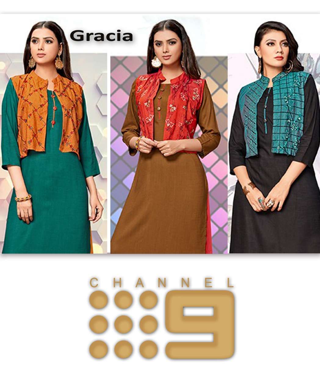 GRACIA BY C9 01 TO 03 SERIES BEAUTIFUL STYLISH FANCY COLORFUL CASUAL WEAR & ETHNIC WEAR & READY TO WEAR RAYON SLUB EMBROIDERED KURTIS WITH JACKET AT WHOLESALE PRICE