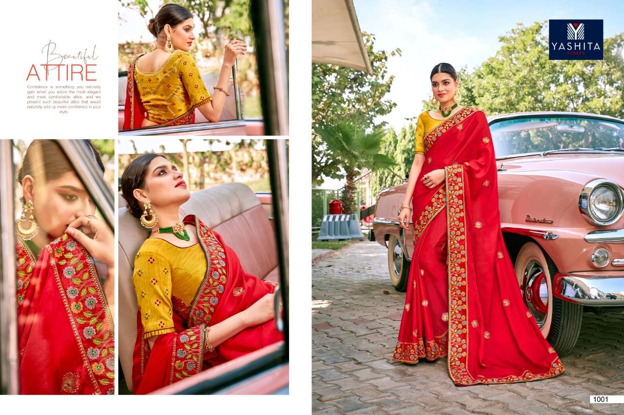 KAVYA VOL-1 BY YASHIKA TRENDS 1001 TO 1011 SERIES INDIAN TRADITIONAL WEAR COLLECTION BEAUTIFUL STYLISH FANCY COLORFUL PARTY WEAR & OCCASIONAL WEAR SATIN GEORGETTE SAREES AT WHOLESALE PRICE