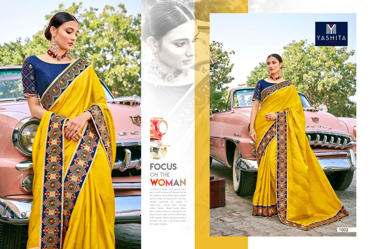KAVYA VOL-1 BY YASHIKA TRENDS 1001 TO 1011 SERIES INDIAN TRADITIONAL WEAR COLLECTION BEAUTIFUL STYLISH FANCY COLORFUL PARTY WEAR & OCCASIONAL WEAR SATIN GEORGETTE SAREES AT WHOLESALE PRICE