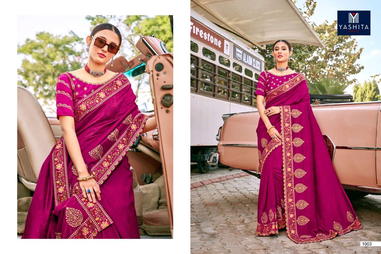 KAVYA VOL-1 BY YASHIKA TRENDS 1001 TO 1011 SERIES INDIAN TRADITIONAL WEAR COLLECTION BEAUTIFUL STYLISH FANCY COLORFUL PARTY WEAR & OCCASIONAL WEAR SATIN GEORGETTE SAREES AT WHOLESALE PRICE