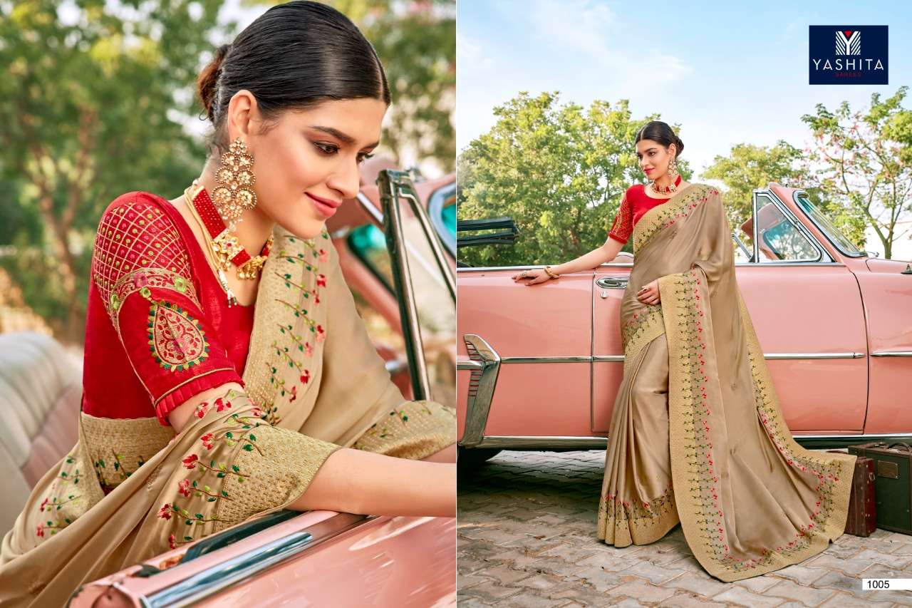 KAVYA VOL-1 BY YASHIKA TRENDS 1001 TO 1011 SERIES INDIAN TRADITIONAL WEAR COLLECTION BEAUTIFUL STYLISH FANCY COLORFUL PARTY WEAR & OCCASIONAL WEAR SATIN GEORGETTE SAREES AT WHOLESALE PRICE