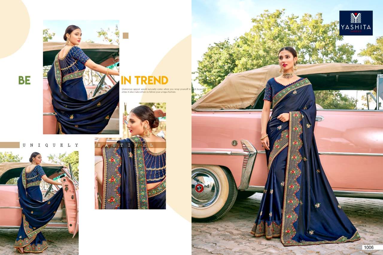 KAVYA VOL-1 BY YASHIKA TRENDS 1001 TO 1011 SERIES INDIAN TRADITIONAL WEAR COLLECTION BEAUTIFUL STYLISH FANCY COLORFUL PARTY WEAR & OCCASIONAL WEAR SATIN GEORGETTE SAREES AT WHOLESALE PRICE