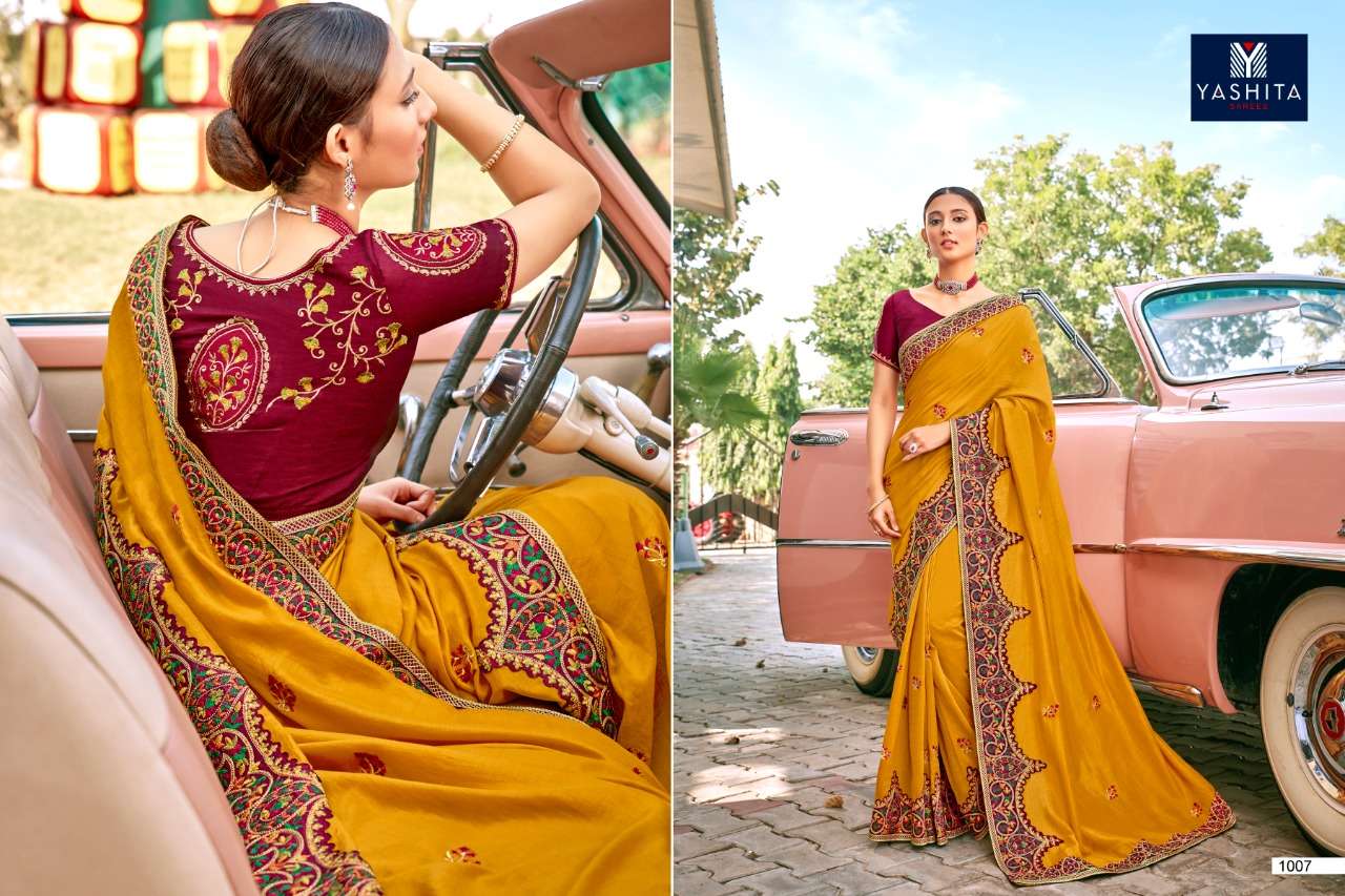 KAVYA VOL-1 BY YASHIKA TRENDS 1001 TO 1011 SERIES INDIAN TRADITIONAL WEAR COLLECTION BEAUTIFUL STYLISH FANCY COLORFUL PARTY WEAR & OCCASIONAL WEAR SATIN GEORGETTE SAREES AT WHOLESALE PRICE