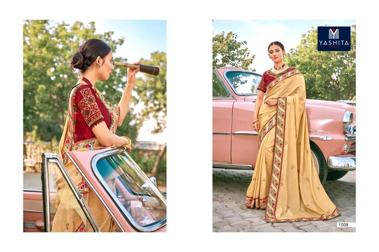 KAVYA VOL-1 BY YASHIKA TRENDS 1001 TO 1011 SERIES INDIAN TRADITIONAL WEAR COLLECTION BEAUTIFUL STYLISH FANCY COLORFUL PARTY WEAR & OCCASIONAL WEAR SATIN GEORGETTE SAREES AT WHOLESALE PRICE