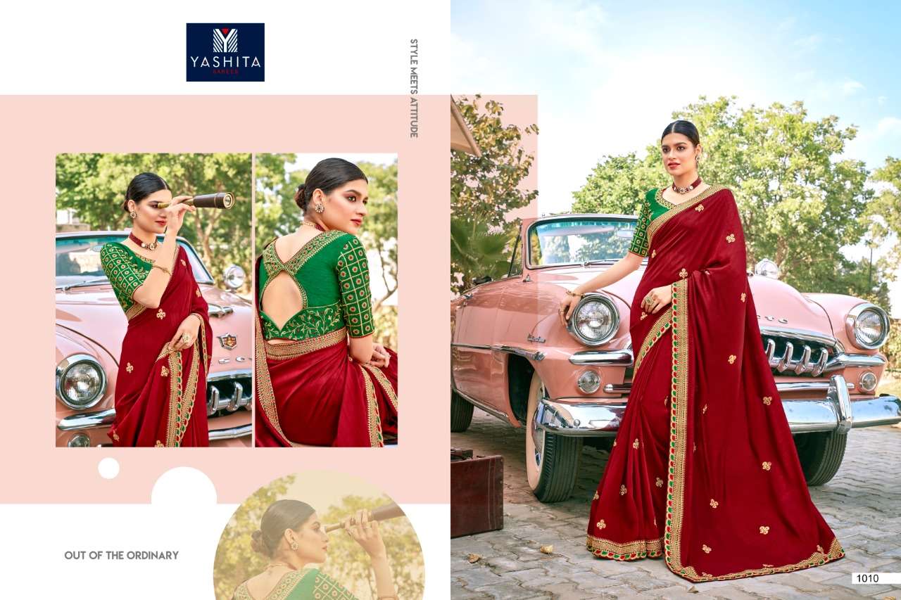 KAVYA VOL-1 BY YASHIKA TRENDS 1001 TO 1011 SERIES INDIAN TRADITIONAL WEAR COLLECTION BEAUTIFUL STYLISH FANCY COLORFUL PARTY WEAR & OCCASIONAL WEAR SATIN GEORGETTE SAREES AT WHOLESALE PRICE