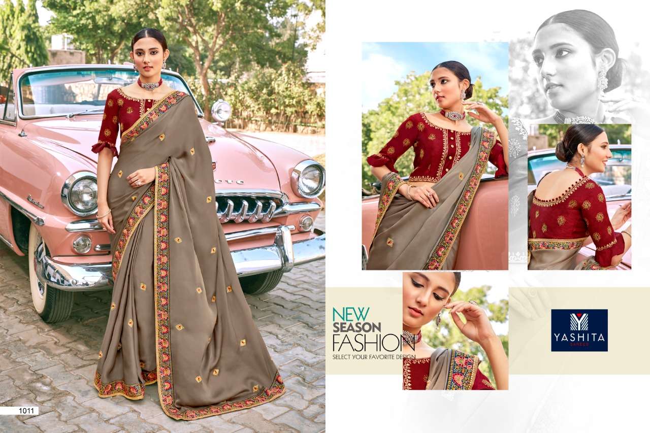 KAVYA VOL-1 BY YASHIKA TRENDS 1001 TO 1011 SERIES INDIAN TRADITIONAL WEAR COLLECTION BEAUTIFUL STYLISH FANCY COLORFUL PARTY WEAR & OCCASIONAL WEAR SATIN GEORGETTE SAREES AT WHOLESALE PRICE