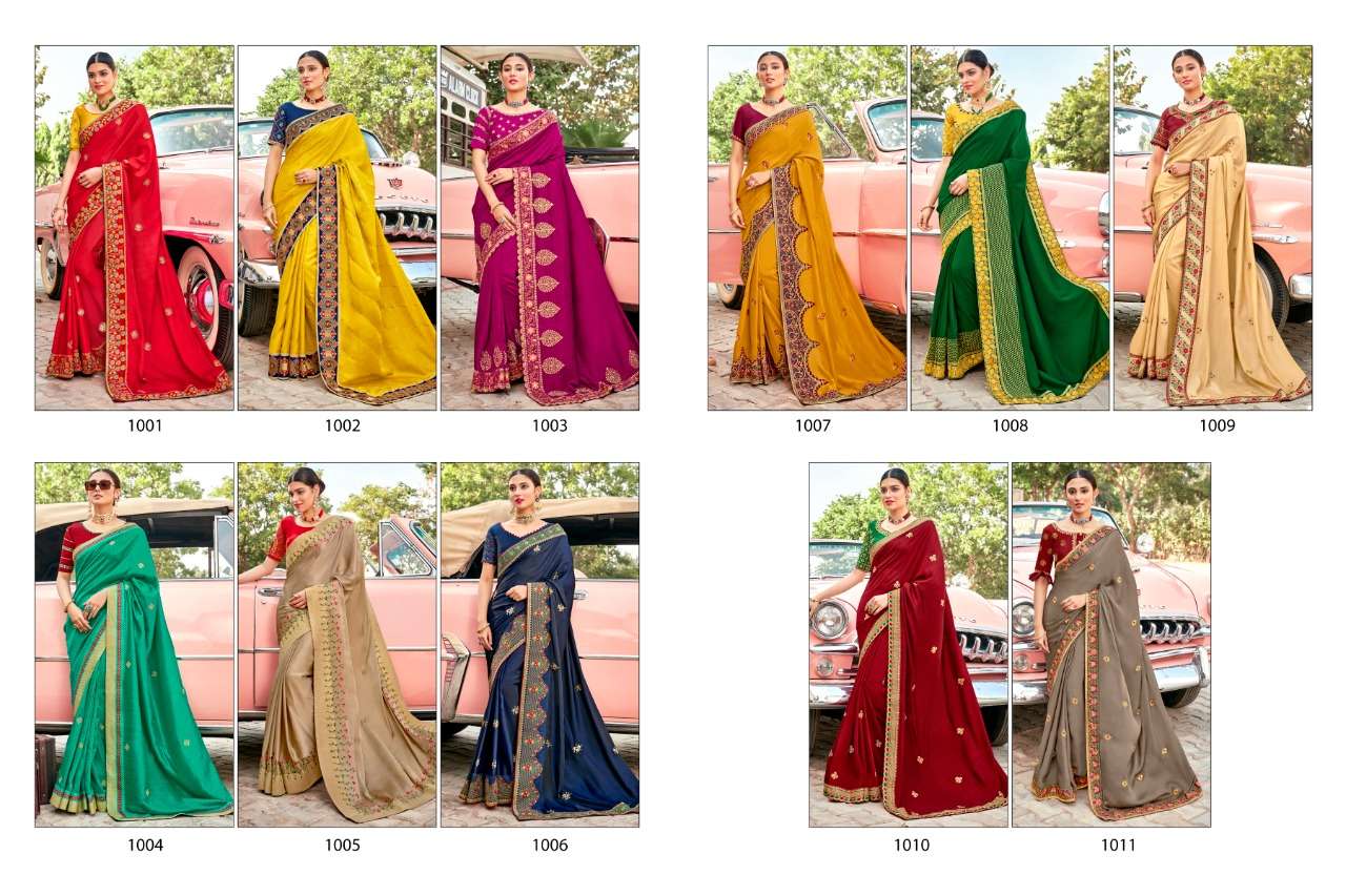 KAVYA VOL-1 BY YASHIKA TRENDS 1001 TO 1011 SERIES INDIAN TRADITIONAL WEAR COLLECTION BEAUTIFUL STYLISH FANCY COLORFUL PARTY WEAR & OCCASIONAL WEAR SATIN GEORGETTE SAREES AT WHOLESALE PRICE