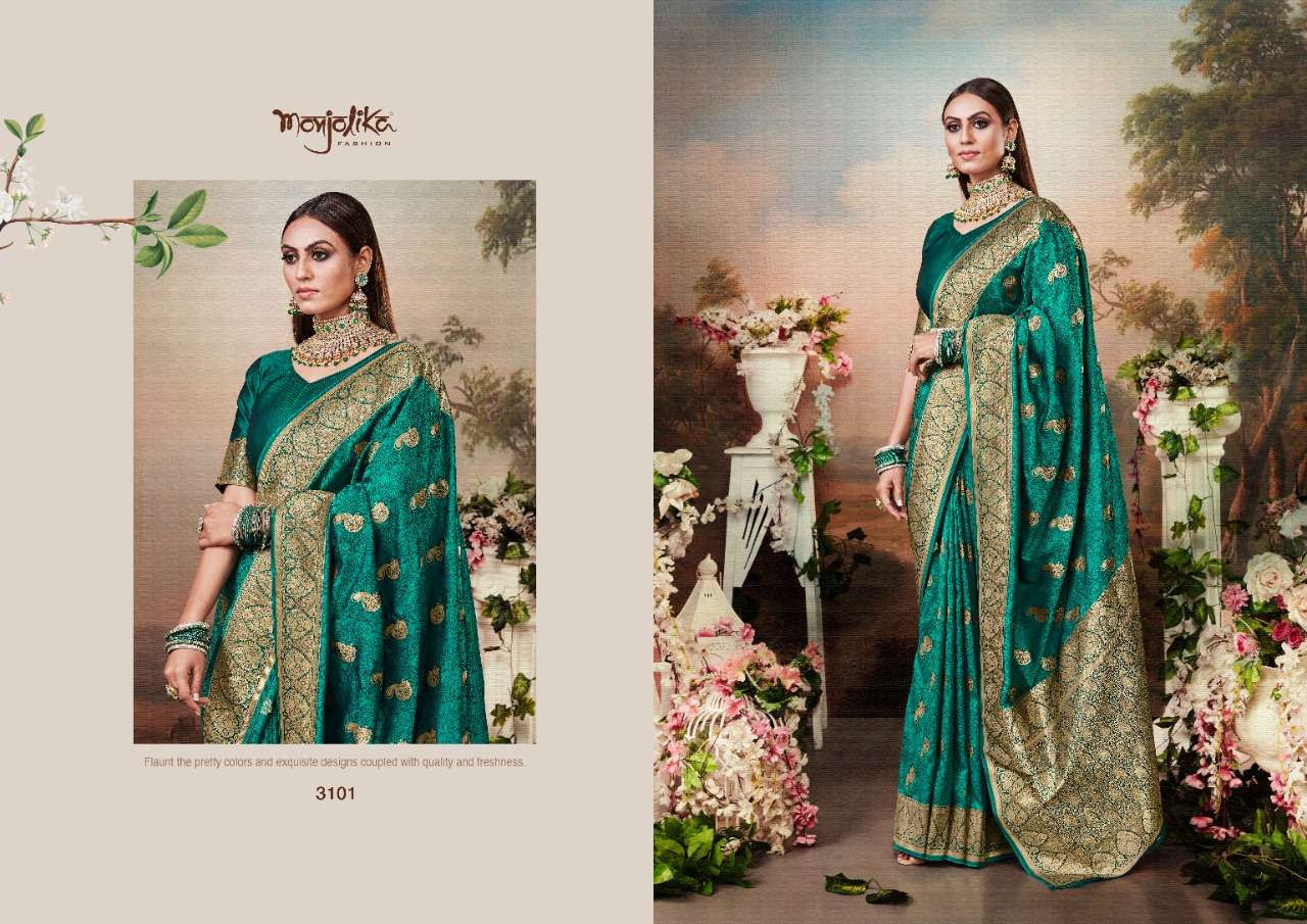MIHARIKA SILK BY MONJOLIKA 3101 TO 3104 SERIES INDIAN TRADITIONAL WEAR COLLECTION BEAUTIFUL STYLISH FANCY COLORFUL PARTY WEAR & OCCASIONAL WEAR BANARASI SILK SAREES AT WHOLESALE PRICE