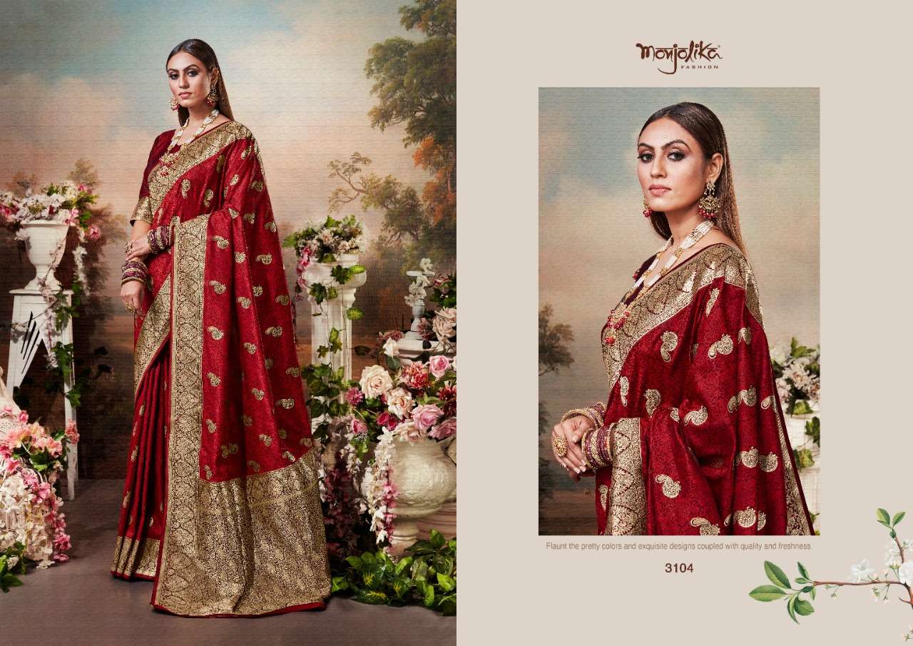 MIHARIKA SILK BY MONJOLIKA 3101 TO 3104 SERIES INDIAN TRADITIONAL WEAR COLLECTION BEAUTIFUL STYLISH FANCY COLORFUL PARTY WEAR & OCCASIONAL WEAR BANARASI SILK SAREES AT WHOLESALE PRICE