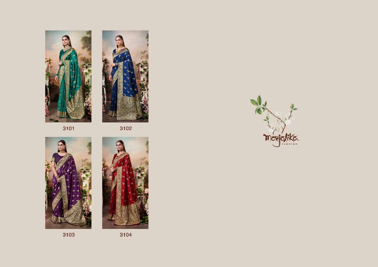 MIHARIKA SILK BY MONJOLIKA 3101 TO 3104 SERIES INDIAN TRADITIONAL WEAR COLLECTION BEAUTIFUL STYLISH FANCY COLORFUL PARTY WEAR & OCCASIONAL WEAR BANARASI SILK SAREES AT WHOLESALE PRICE