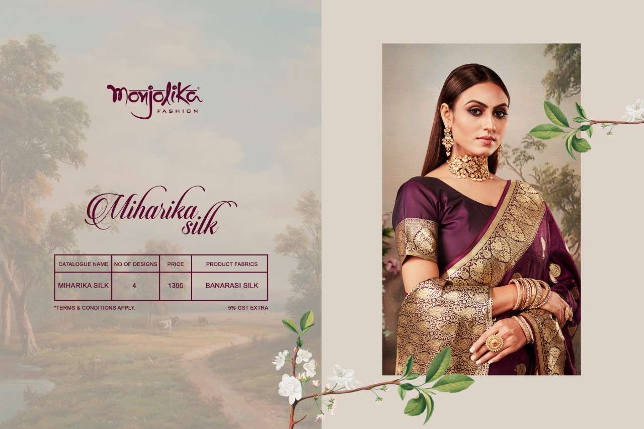 MIHARIKA SILK BY MONJOLIKA 3101 TO 3104 SERIES INDIAN TRADITIONAL WEAR COLLECTION BEAUTIFUL STYLISH FANCY COLORFUL PARTY WEAR & OCCASIONAL WEAR BANARASI SILK SAREES AT WHOLESALE PRICE