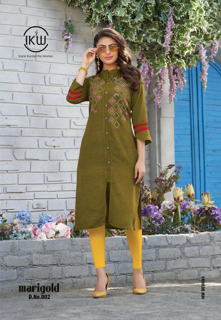 MARIGOLD VOL-2 BY IKW 001 TO 008 SERIES BEAUTIFUL STYLISH FANCY COLORFUL CASUAL WEAR & ETHNIC WEAR & READY TO WEAR RAYON EMBROIDERED KURTIS AT WHOLESALE PRICE