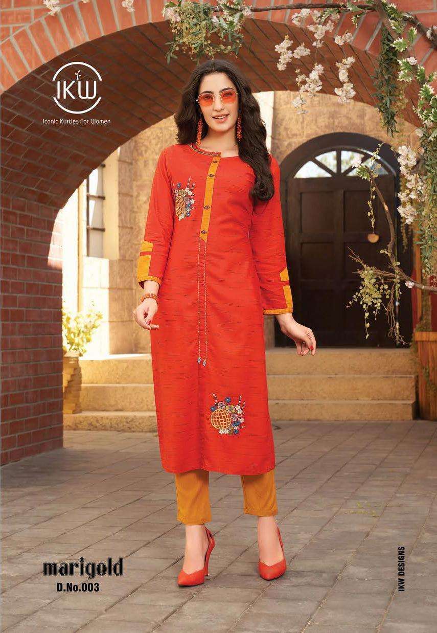 MARIGOLD VOL-2 BY IKW 001 TO 008 SERIES BEAUTIFUL STYLISH FANCY COLORFUL CASUAL WEAR & ETHNIC WEAR & READY TO WEAR RAYON EMBROIDERED KURTIS AT WHOLESALE PRICE