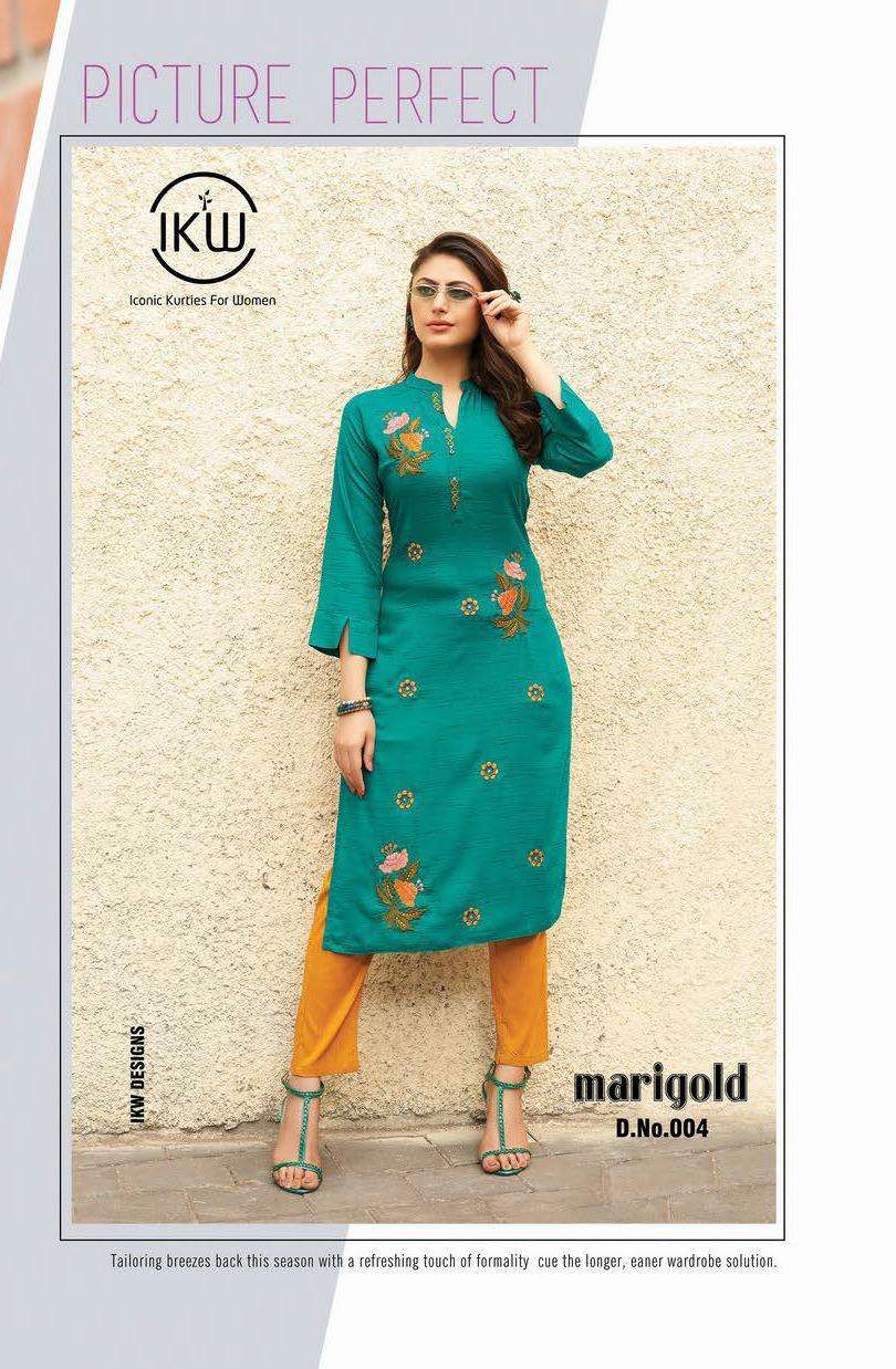 MARIGOLD VOL-2 BY IKW 001 TO 008 SERIES BEAUTIFUL STYLISH FANCY COLORFUL CASUAL WEAR & ETHNIC WEAR & READY TO WEAR RAYON EMBROIDERED KURTIS AT WHOLESALE PRICE