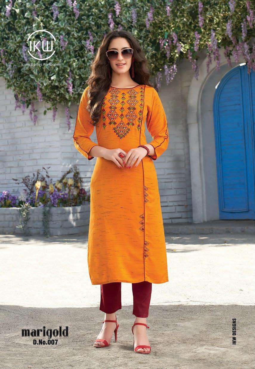 MARIGOLD VOL-2 BY IKW 001 TO 008 SERIES BEAUTIFUL STYLISH FANCY COLORFUL CASUAL WEAR & ETHNIC WEAR & READY TO WEAR RAYON EMBROIDERED KURTIS AT WHOLESALE PRICE