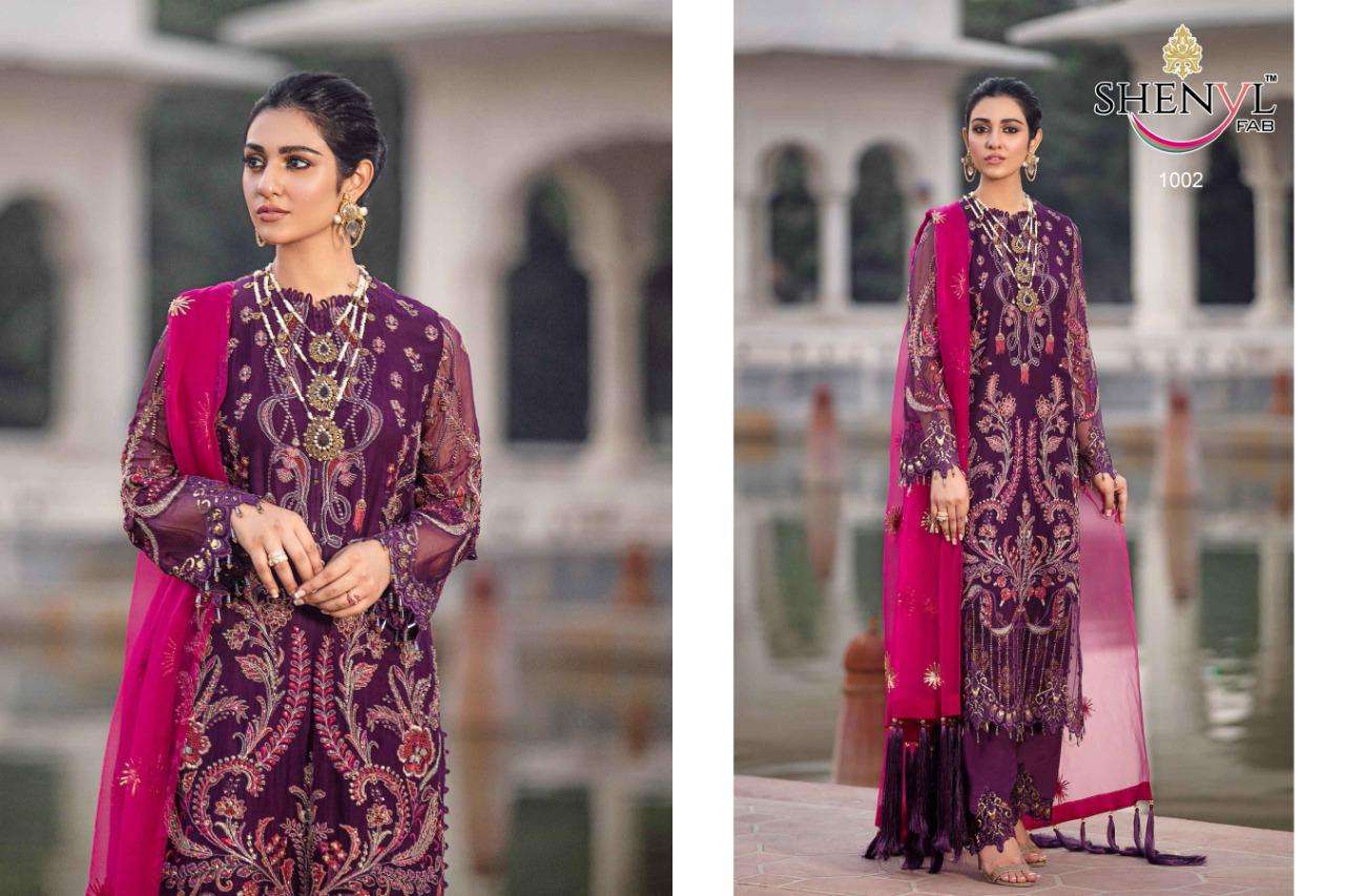 AFROZEH BY SHENYL FAB 1001 TO 1005 SERIES DESIGNER FESTIVE PAKISTANI SUITS COLLECTION BEAUTIFUL STYLISH FANCY COLORFUL PARTY WEAR & OCCASIONAL WEAR FAUX GEORGETTE WITH EMBROIDERED DRESSES AT WHOLESALE PRICE