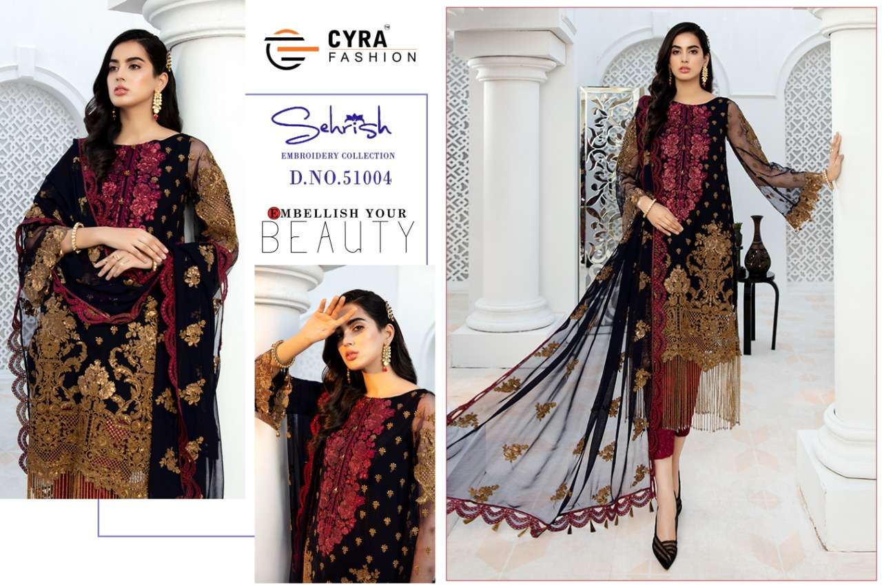 SEHRISH BY CYRA FASHION 51001 TO 51004 SERIES DESIGNER FESTIVE PAKISTANI SUITS COLLECTION BEAUTIFUL STYLISH FANCY COLORFUL PARTY WEAR & OCCASIONAL WEAR GEORGETTE WITH EMBROIDERED DRESSES AT WHOLESALE PRICE