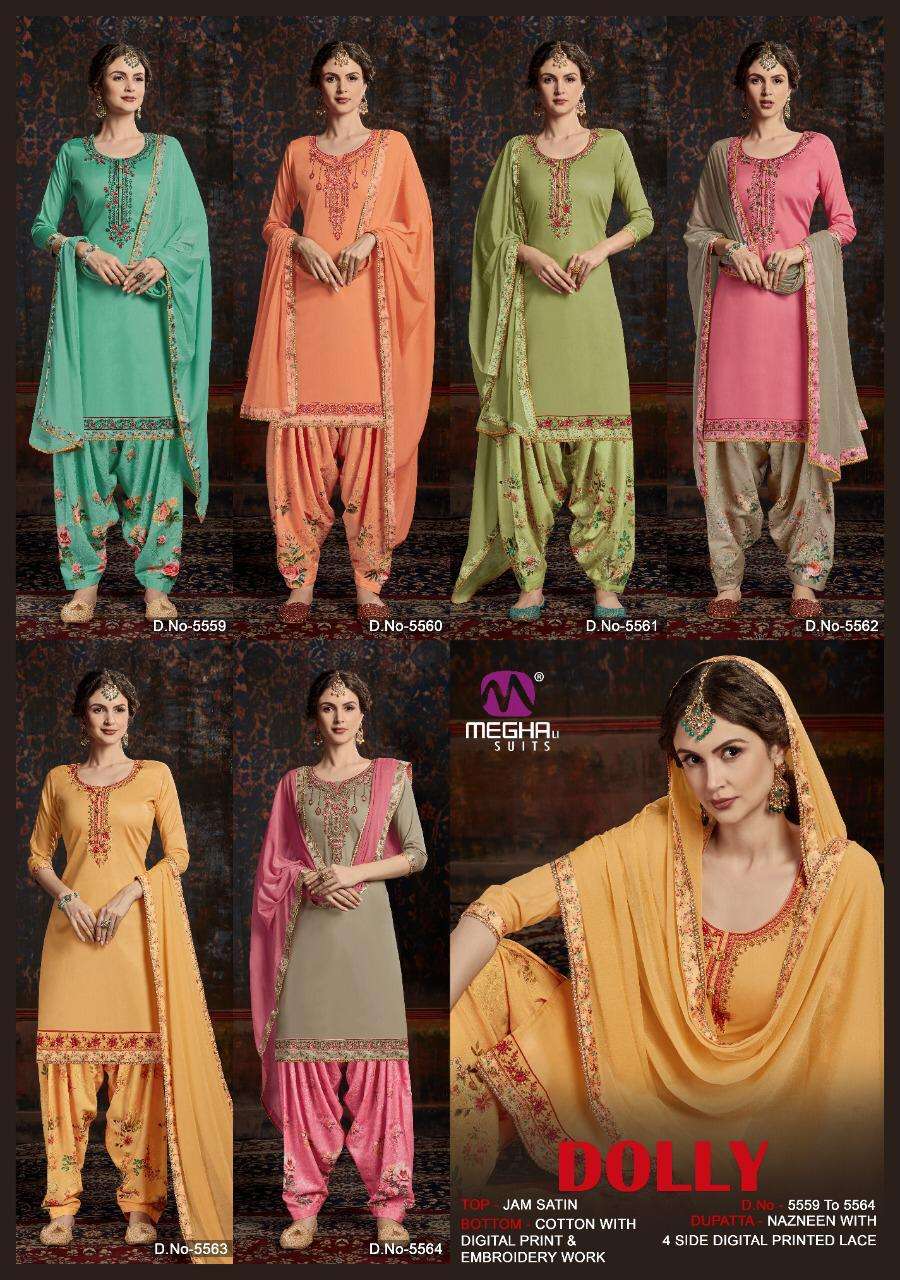 DOLLY BY MEGHALI SUITS 5559 TO 5564 SERIES BEAUTIFUL SUITS STYLISH FANCY COLORFUL CASUAL WEAR & ETHNIC WEAR JAM SATIN WITH EMBROIDERY DRESSES AT WHOLESALE PRICE