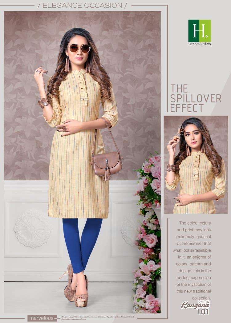 KANGANA VOL-2 BY HIRWA 101 TO 106 SERIES DESIGNER BEAUTIFUL COLORFUL STYLISH FANCY CASUAL WEAR & ETHNIC WEAR & READY TO WEAR HEAVY CAMBRIC COTTON PRINTED KURTIS AT WHOLESALE PRICE