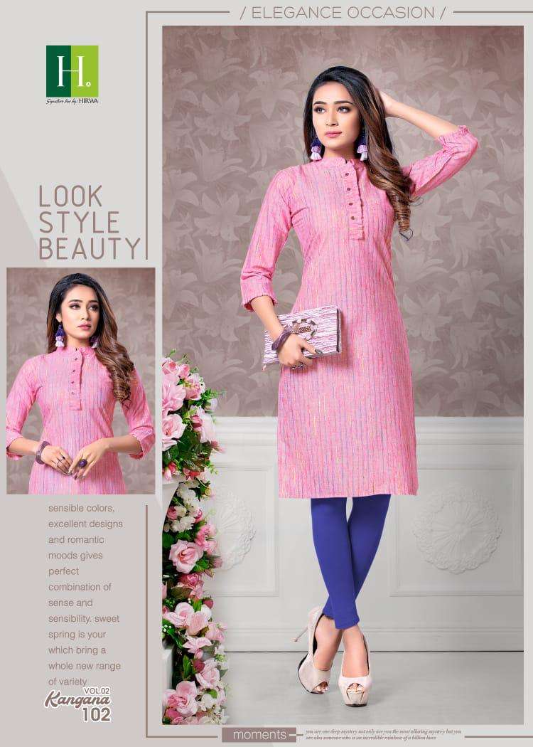 KANGANA VOL-2 BY HIRWA 101 TO 106 SERIES DESIGNER BEAUTIFUL COLORFUL STYLISH FANCY CASUAL WEAR & ETHNIC WEAR & READY TO WEAR HEAVY CAMBRIC COTTON PRINTED KURTIS AT WHOLESALE PRICE