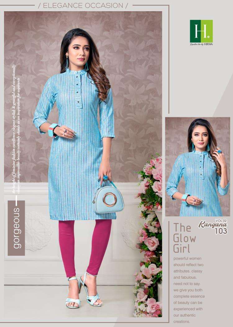 KANGANA VOL-2 BY HIRWA 101 TO 106 SERIES DESIGNER BEAUTIFUL COLORFUL STYLISH FANCY CASUAL WEAR & ETHNIC WEAR & READY TO WEAR HEAVY CAMBRIC COTTON PRINTED KURTIS AT WHOLESALE PRICE