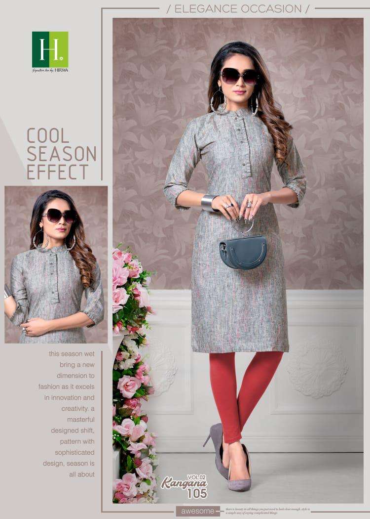 KANGANA VOL-2 BY HIRWA 101 TO 106 SERIES DESIGNER BEAUTIFUL COLORFUL STYLISH FANCY CASUAL WEAR & ETHNIC WEAR & READY TO WEAR HEAVY CAMBRIC COTTON PRINTED KURTIS AT WHOLESALE PRICE