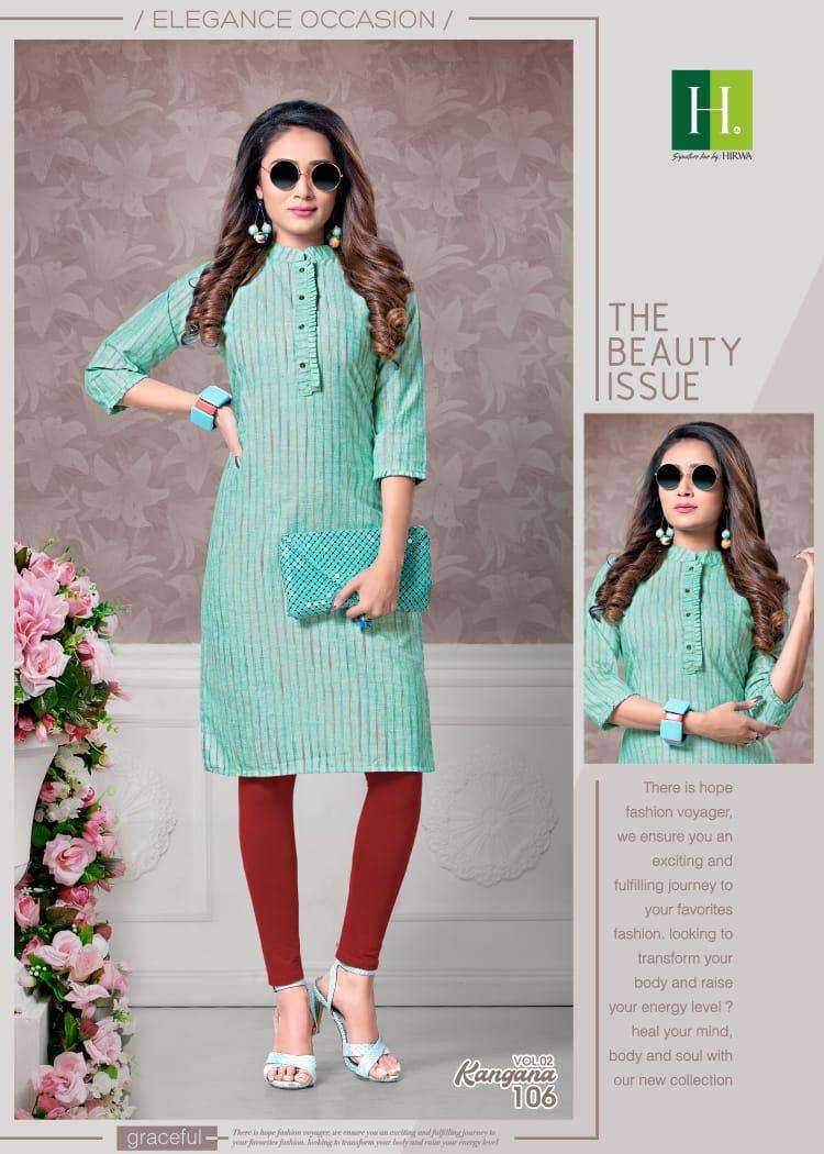KANGANA VOL-2 BY HIRWA 101 TO 106 SERIES DESIGNER BEAUTIFUL COLORFUL STYLISH FANCY CASUAL WEAR & ETHNIC WEAR & READY TO WEAR HEAVY CAMBRIC COTTON PRINTED KURTIS AT WHOLESALE PRICE