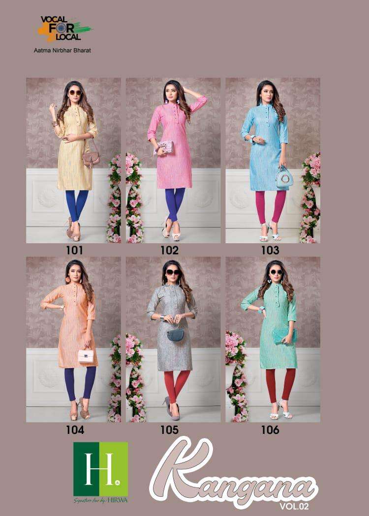 KANGANA VOL-2 BY HIRWA 101 TO 106 SERIES DESIGNER BEAUTIFUL COLORFUL STYLISH FANCY CASUAL WEAR & ETHNIC WEAR & READY TO WEAR HEAVY CAMBRIC COTTON PRINTED KURTIS AT WHOLESALE PRICE