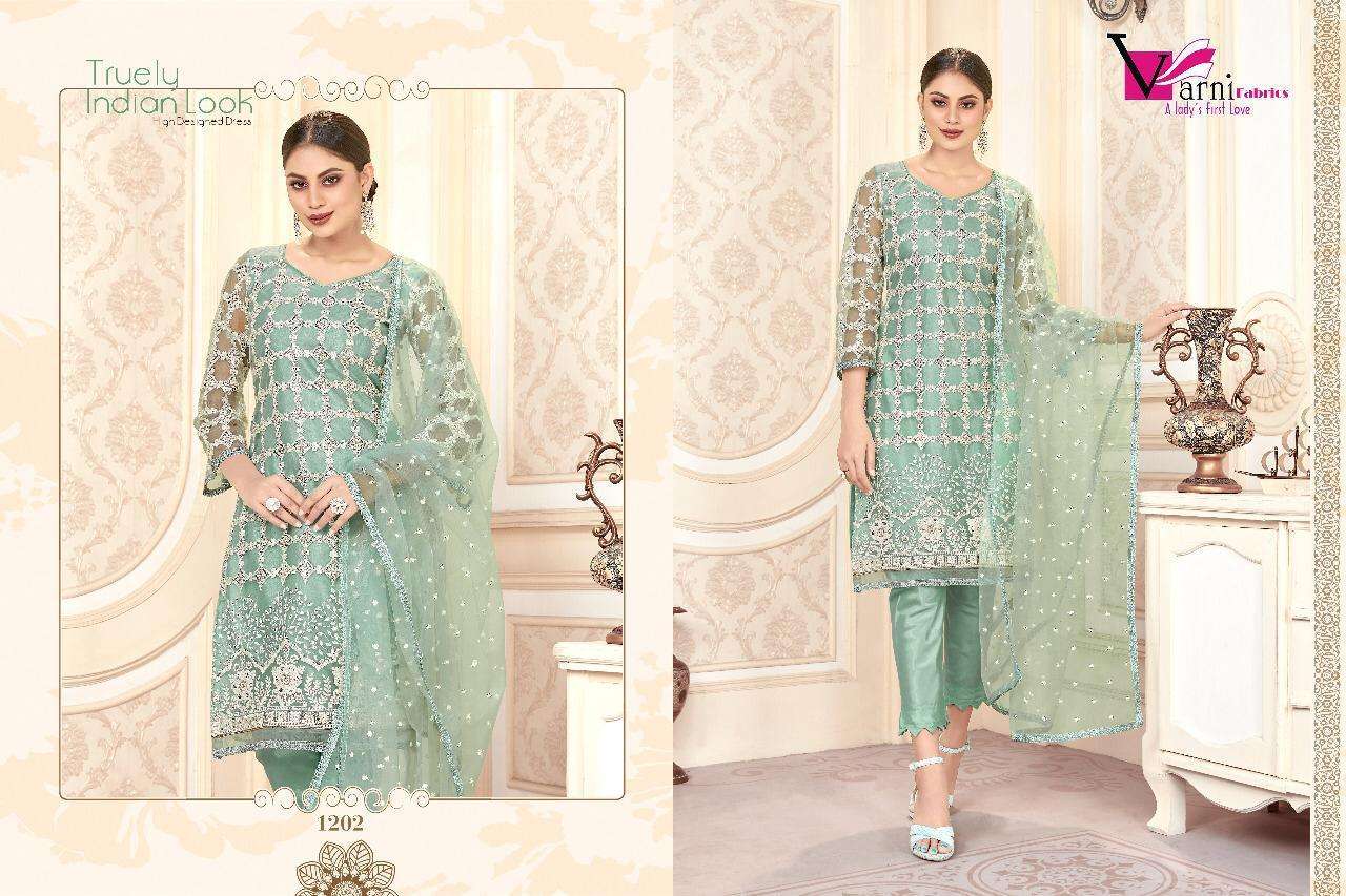 ZEEYA HUSNA BY VARNI FABRICS 1201 TO 1204 SERIES BEAUTIFUL SUITS STYLISH FANCY COLORFUL CASUAL WEAR & ETHNIC WEAR BUTTERFLY NET EMBROIDERED DRESSES AT WHOLESALE PRICE