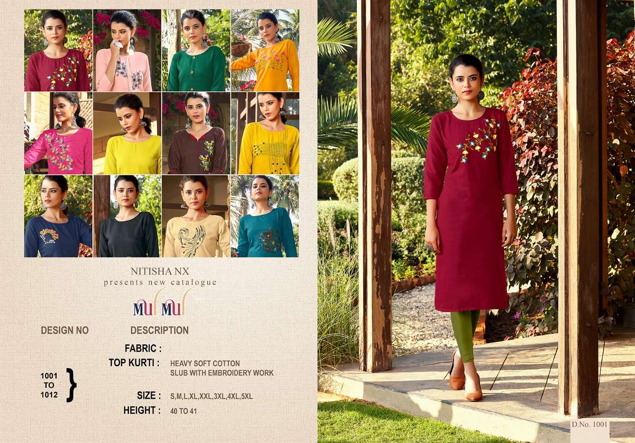MUL MUL BY NITISHA NX 1001 TO 1012 SERIES STYLISH FANCY BEAUTIFUL COLORFUL CASUAL WEAR & ETHNIC WEAR HEAVY SOFT COTTON SLUB KURTIS AT WHOLESALE PRICE