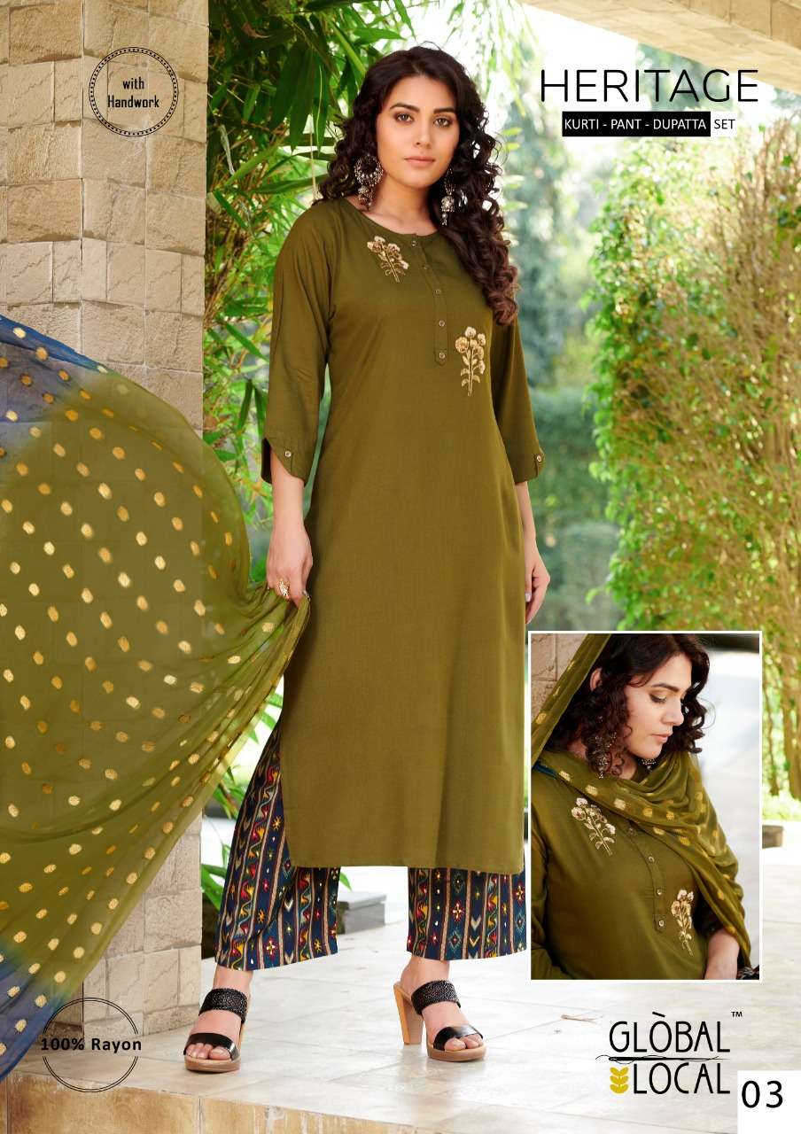 HERITAGE BY GLOBAL LOCAL 01 TO 04 SERIES BEAUTIFUL SUITS STYLISH FANCY COLORFUL CASUAL WEAR & ETHNIC WEAR RAYON HANDWORKED DRESSES AT WHOLESALE PRICE