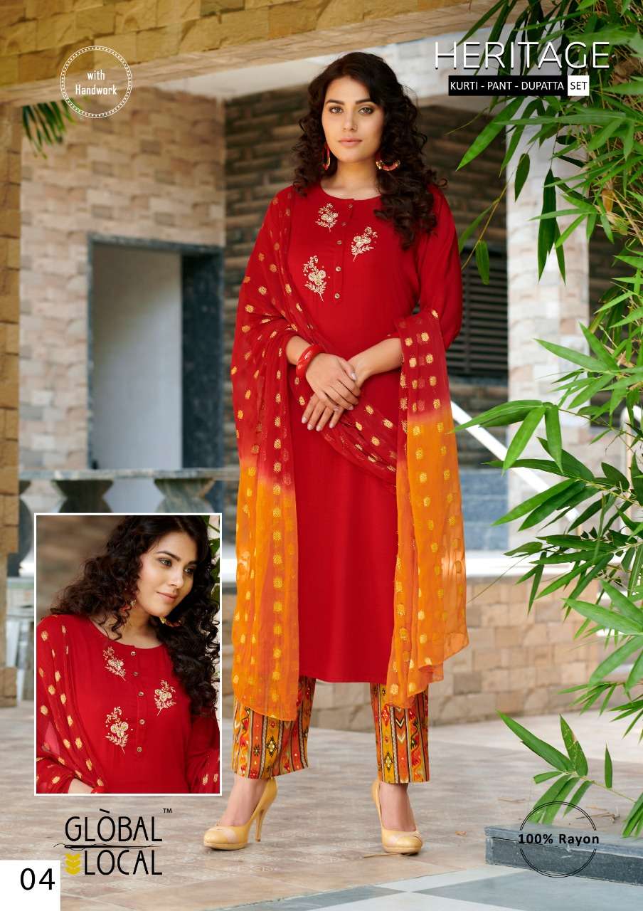 HERITAGE BY GLOBAL LOCAL 01 TO 04 SERIES BEAUTIFUL SUITS STYLISH FANCY COLORFUL CASUAL WEAR & ETHNIC WEAR RAYON HANDWORKED DRESSES AT WHOLESALE PRICE
