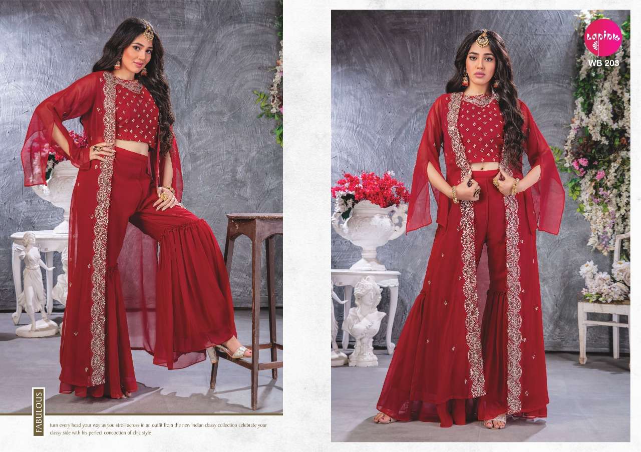 WEDDING BELLS VOL-2 BY LAPINK 201 TO 206 SERIES STYLISH FANCY BEAUTIFUL COLORFUL CASUAL WEAR & ETHNIC WEAR GEORGETTE KURTIS WITH BOTTOM AT WHOLESALE PRICE