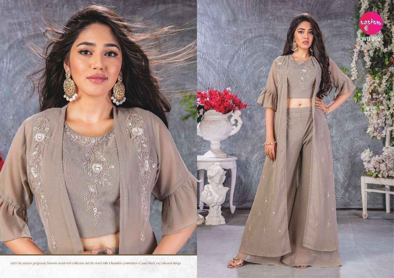 WEDDING BELLS VOL-2 BY LAPINK 201 TO 206 SERIES STYLISH FANCY BEAUTIFUL COLORFUL CASUAL WEAR & ETHNIC WEAR GEORGETTE KURTIS WITH BOTTOM AT WHOLESALE PRICE
