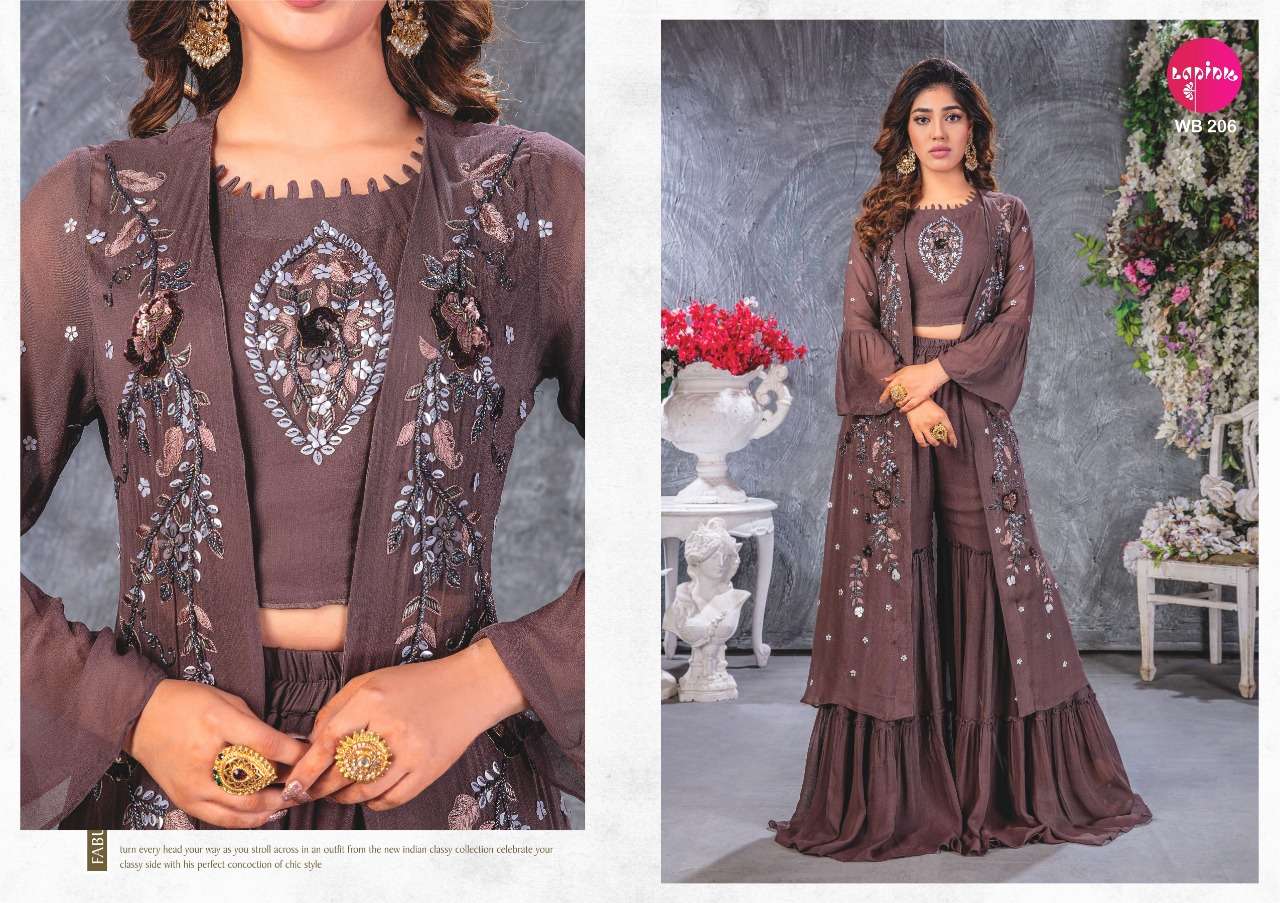 WEDDING BELLS VOL-2 BY LAPINK 201 TO 206 SERIES STYLISH FANCY BEAUTIFUL COLORFUL CASUAL WEAR & ETHNIC WEAR GEORGETTE KURTIS WITH BOTTOM AT WHOLESALE PRICE