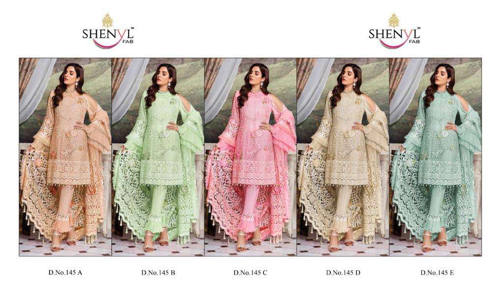 SHENYL 145 COLOUR BY SHENYL FAB 145-A TO 145-E BEAUTIFUL PAKISTANI SUITS COLORFUL STYLISH FANCY CASUAL WEAR & ETHNIC WEAR FAUX GEORGETTE EMBROIDERED DRESSES AT WHOLESALE PRICE