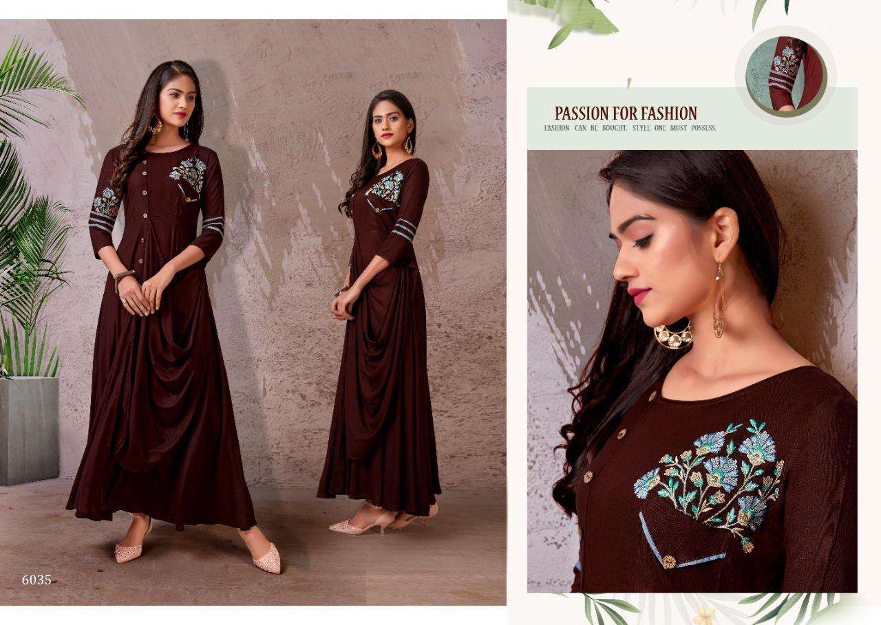 Fame Vol-2 By Vardan Designer 6035 To 6038 Series Beautiful Stylish Fancy Colorful Casual Wear & Ethnic Wear & Ready To Wear Rayon Print Gowns At Wholesale Price