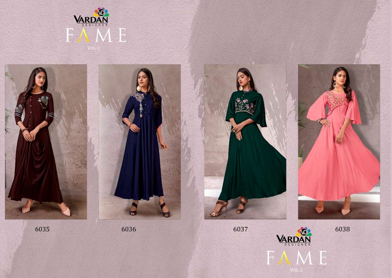 Fame Vol-2 By Vardan Designer 6035 To 6038 Series Beautiful Stylish Fancy Colorful Casual Wear & Ethnic Wear & Ready To Wear Rayon Print Gowns At Wholesale Price