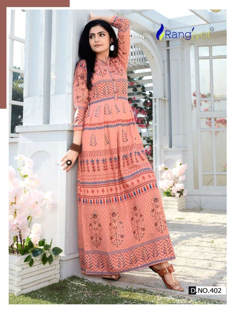 SHEHNAAZ VOL-4 BY RANGJYOT FASHION 401 TO 410 SERIES BEAUTIFUL STYLISH FANCY COLORFUL CASUAL WEAR & ETHNIC WEAR & READY TO WEAR RAYON PRINTED KURTIS AT WHOLESALE PRICE