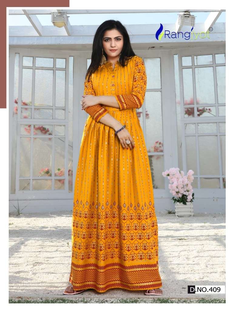 SHEHNAAZ VOL-4 BY RANGJYOT FASHION 401 TO 410 SERIES BEAUTIFUL STYLISH FANCY COLORFUL CASUAL WEAR & ETHNIC WEAR & READY TO WEAR RAYON PRINTED KURTIS AT WHOLESALE PRICE