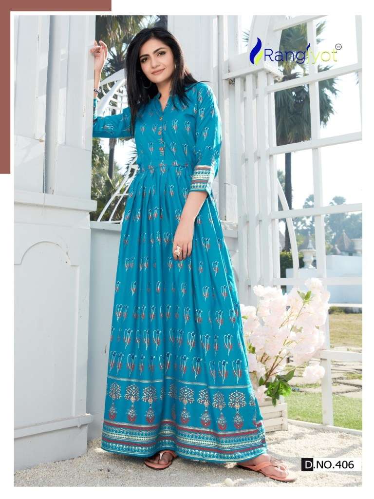 SHEHNAAZ VOL-4 BY RANGJYOT FASHION 401 TO 410 SERIES BEAUTIFUL STYLISH FANCY COLORFUL CASUAL WEAR & ETHNIC WEAR & READY TO WEAR RAYON PRINTED KURTIS AT WHOLESALE PRICE