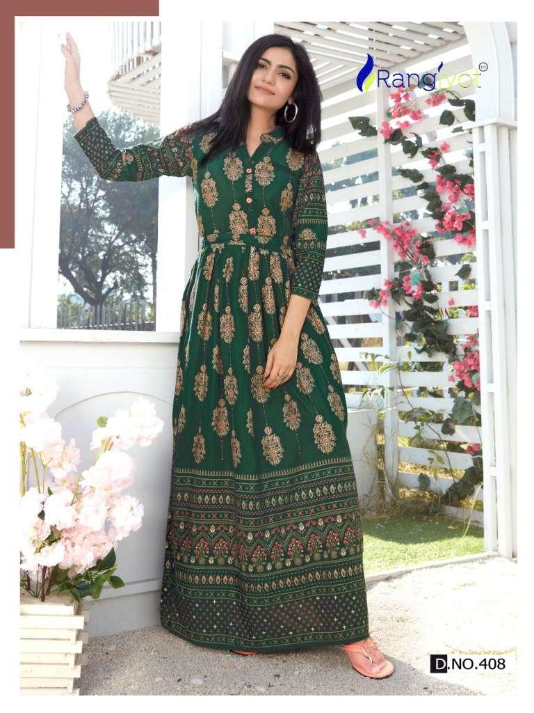 SHEHNAAZ VOL-4 BY RANGJYOT FASHION 401 TO 410 SERIES BEAUTIFUL STYLISH FANCY COLORFUL CASUAL WEAR & ETHNIC WEAR & READY TO WEAR RAYON PRINTED KURTIS AT WHOLESALE PRICE