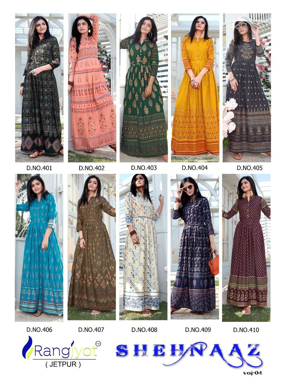 SHEHNAAZ VOL-4 BY RANGJYOT FASHION 401 TO 410 SERIES BEAUTIFUL STYLISH FANCY COLORFUL CASUAL WEAR & ETHNIC WEAR & READY TO WEAR RAYON PRINTED KURTIS AT WHOLESALE PRICE