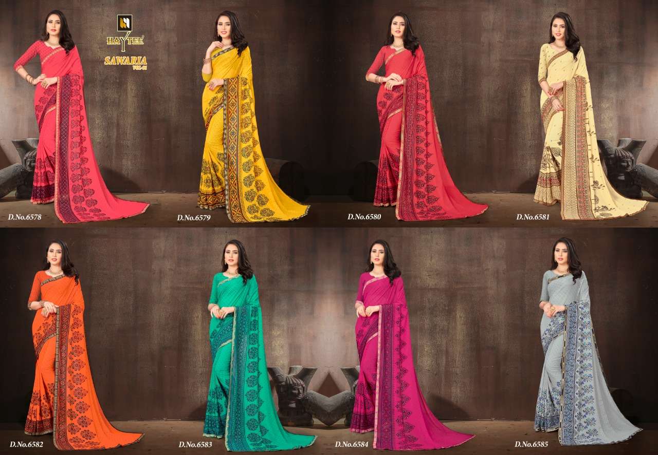SAWARIYA BY HAYTEE 6578 TO 6585 SERIES INDIAN TRADITIONAL WEAR COLLECTION BEAUTIFUL STYLISH FANCY COLORFUL PARTY WEAR & OCCASIONAL WEAR RENIAL PRINT SAREES AT WHOLESALE PRICE