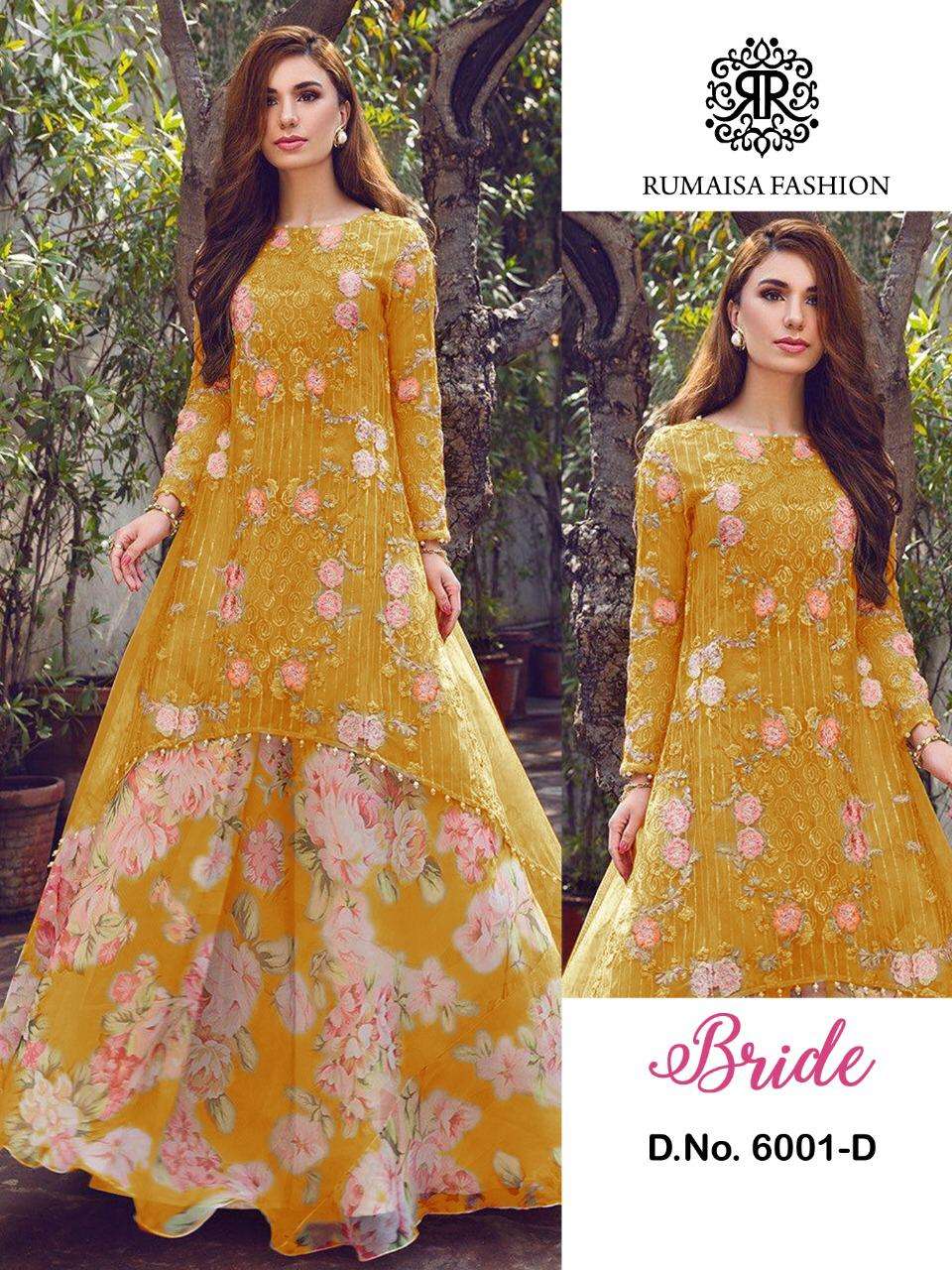 BRIDE BY RUMAISHA FASHION 6001-A TO 6001-E SERIES DESIGNER ANARKALI SUITS COLLECTION BEAUTIFUL STYLISH COLORFUL FANCY PARTY WEAR & OCCASIONAL WEAR HEAVY NET WITH EMBROIDERY DRESSES AT WHOLESALE PRICE